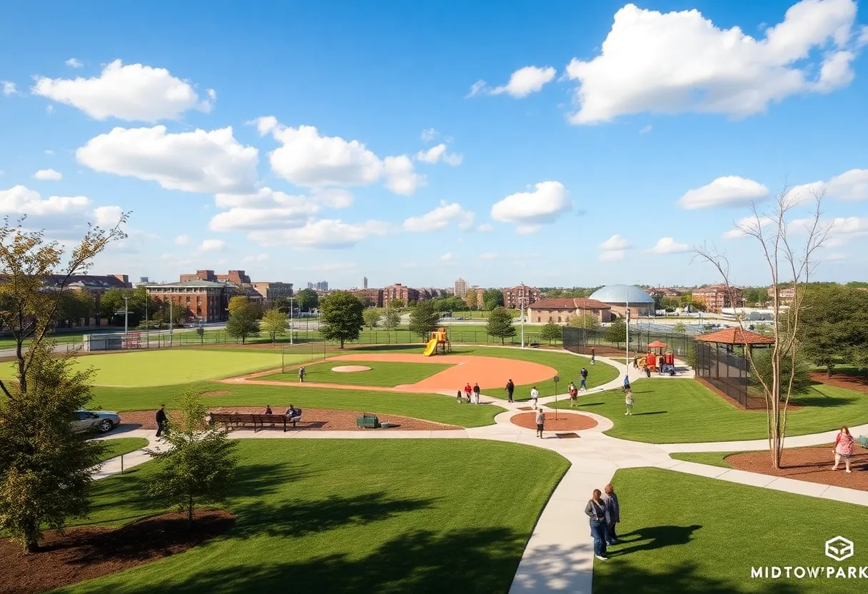 Render of Midtown Park showing proposed baseball fields and recreational facilities