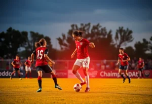 Action shot of Missouri Tigers and Texas A&M Aggies soccer players competing on the field