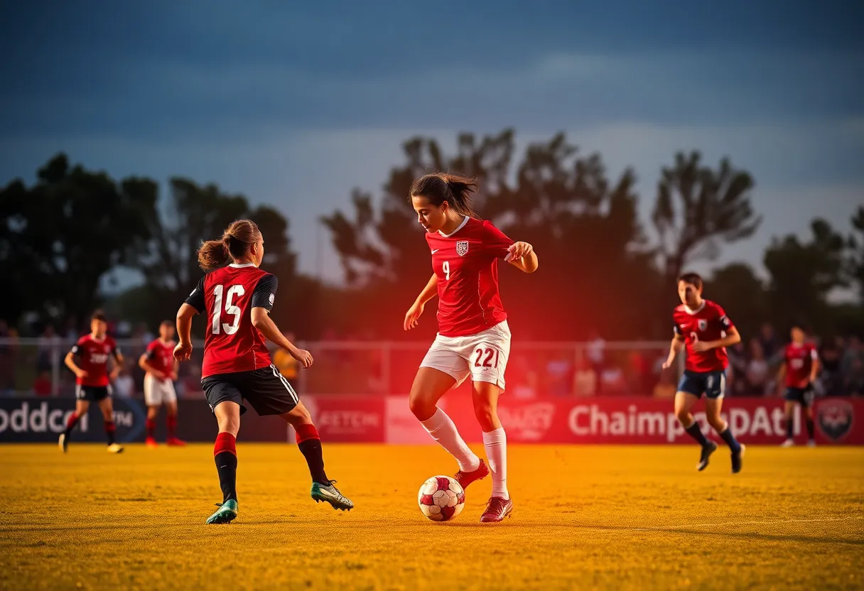 Action shot of Missouri Tigers and Texas A&M Aggies soccer players competing on the field