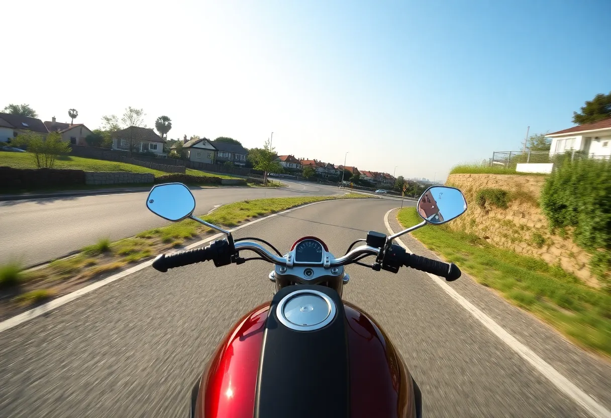 Motorcycle parked on a winding road emphasizing road safety.
