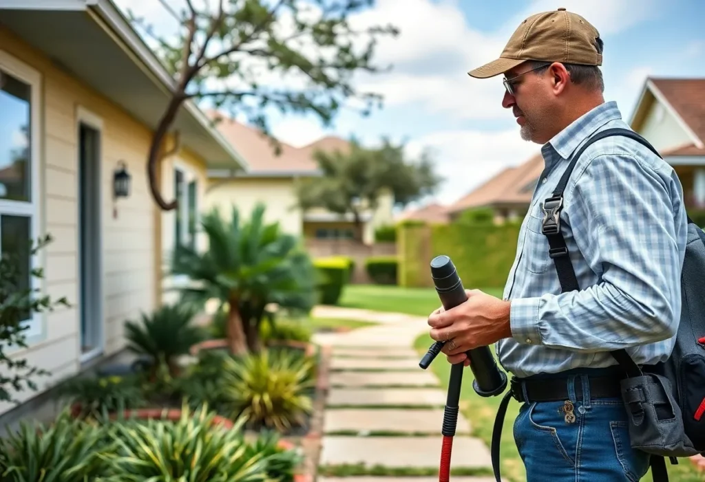 Pest control technician performing inspection in Brazos County