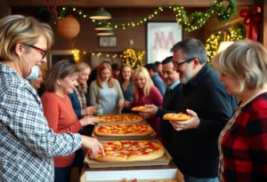 Community members enjoying pizza at the Pizza for a Purpose fundraiser.