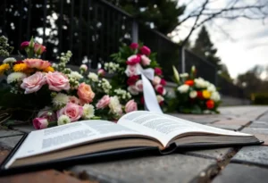 A wreath and flowers placed at a memorial site for Reveille IX