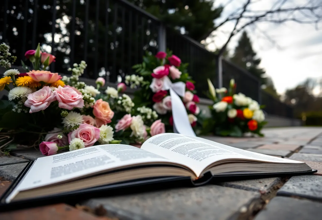 A wreath and flowers placed at a memorial site for Reveille IX