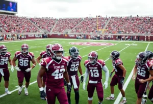 Texas A&M football players training on the field for the upcoming season.