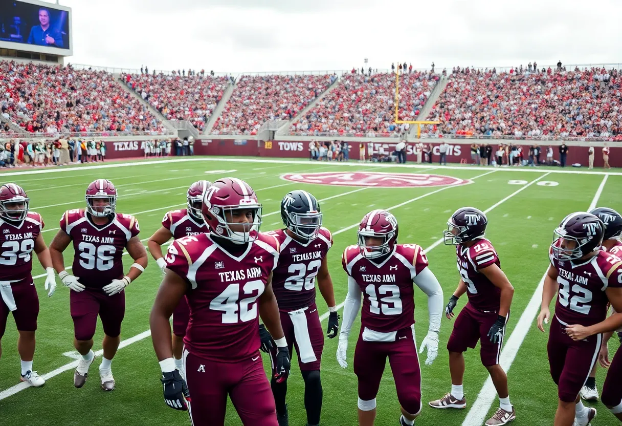 Texas A&M football players training on the field for the upcoming season.