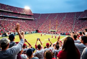 Fans celebrating Texas A&M Aggies touchdown in a packed stadium