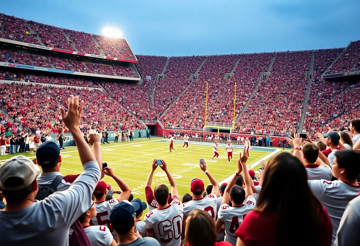 Fans celebrating Texas A&M Aggies touchdown in a packed stadium