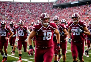 Texas A&M Aggies playing in a football game with fans in the background