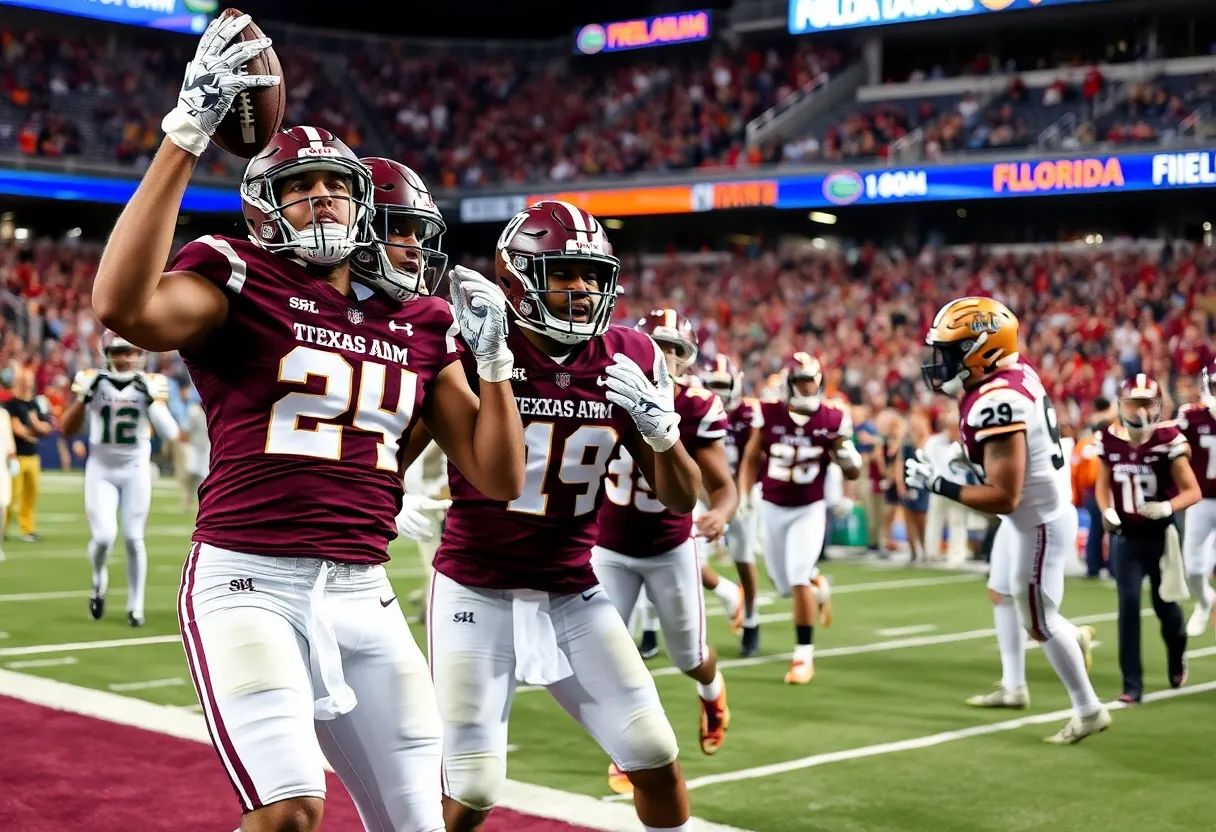 Texas A&M Aggies players celebrating after scoring against Florida Gators.