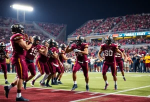 Texas A&M Aggies players celebrating after scoring a touchdown during the game against Florida Gators.