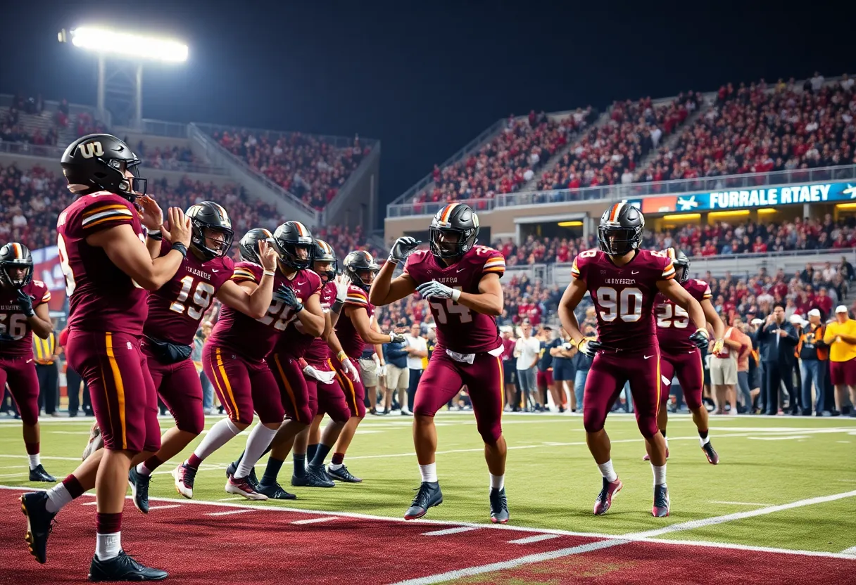 Texas A&M Aggies players celebrating after scoring a touchdown during the game against Florida Gators.