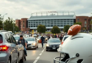 Traffic on Texas A&M campus with students and a football stadium.