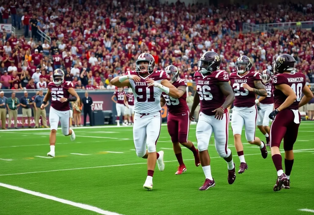 Texas A&M football players celebrating their victory over LSU.