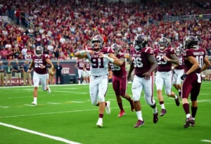 Texas A&M football players celebrating their victory over LSU.