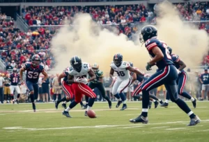 Texas A&M football players executing a defensive play on the field.