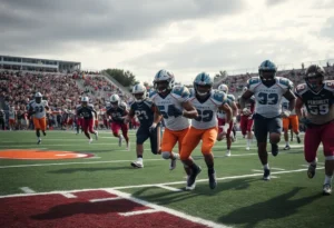 Texas A&M football players on the field during a game