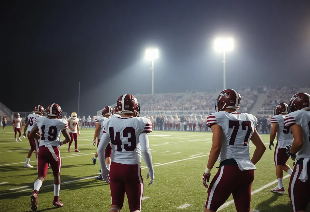 Texas A&M football players competing on the field during a night game.