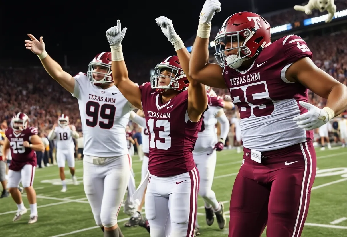 Texas A&M football team celebrating a victory