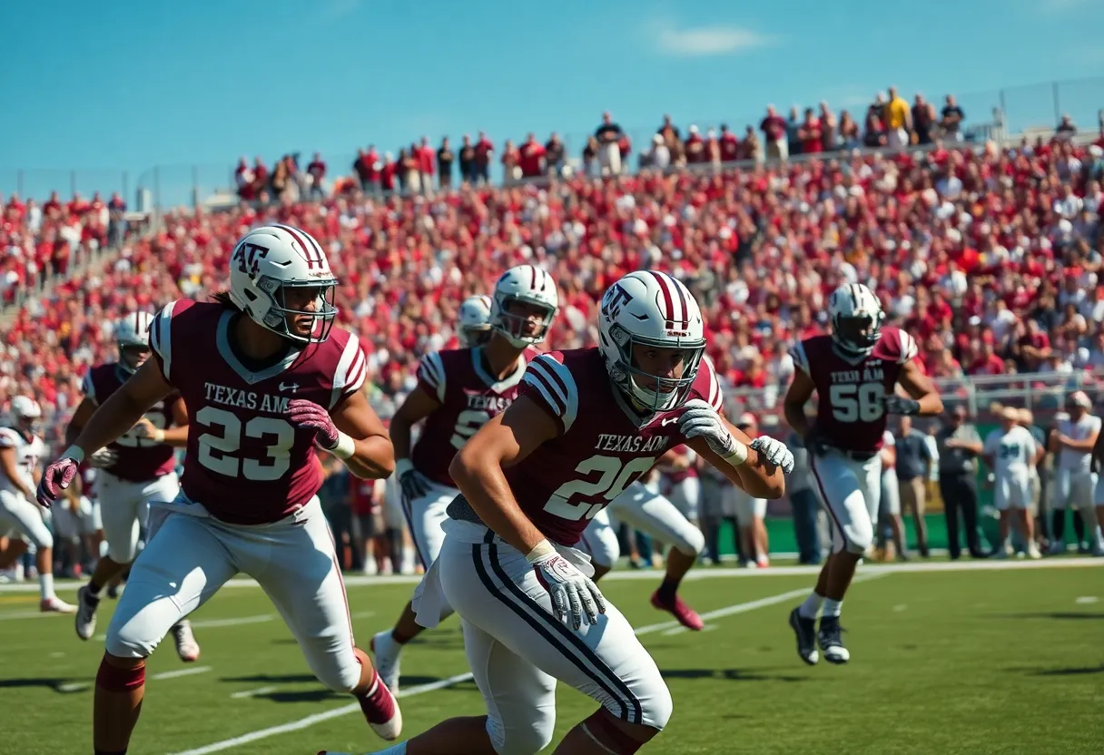 Texas A&M football players executing a defensive play during a game.