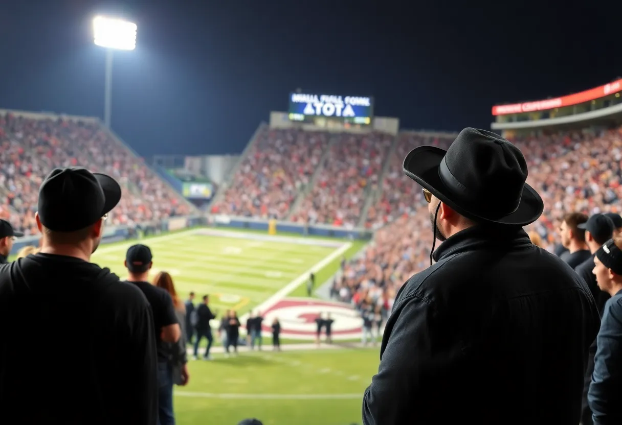 Fans in black supporting Texas A&M football during a game.