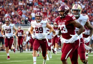 Texas A&M football players in action during a game.