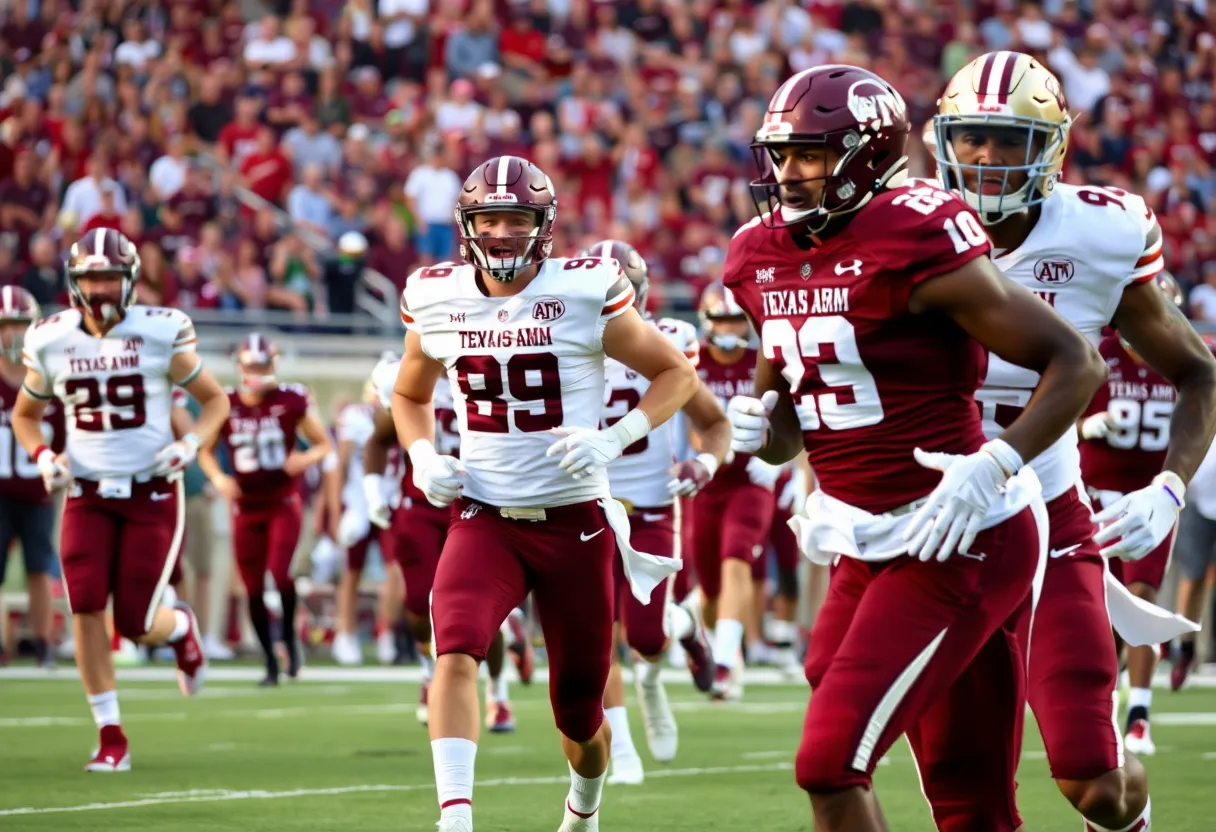 Texas A&M football players in action during a game.