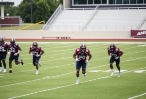 Texas A&M football players practicing on the field