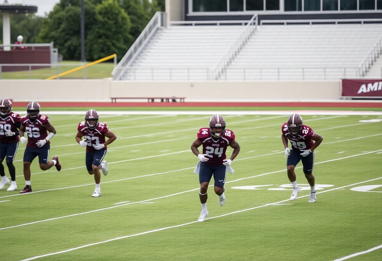 Texas A&M football players practicing on the field