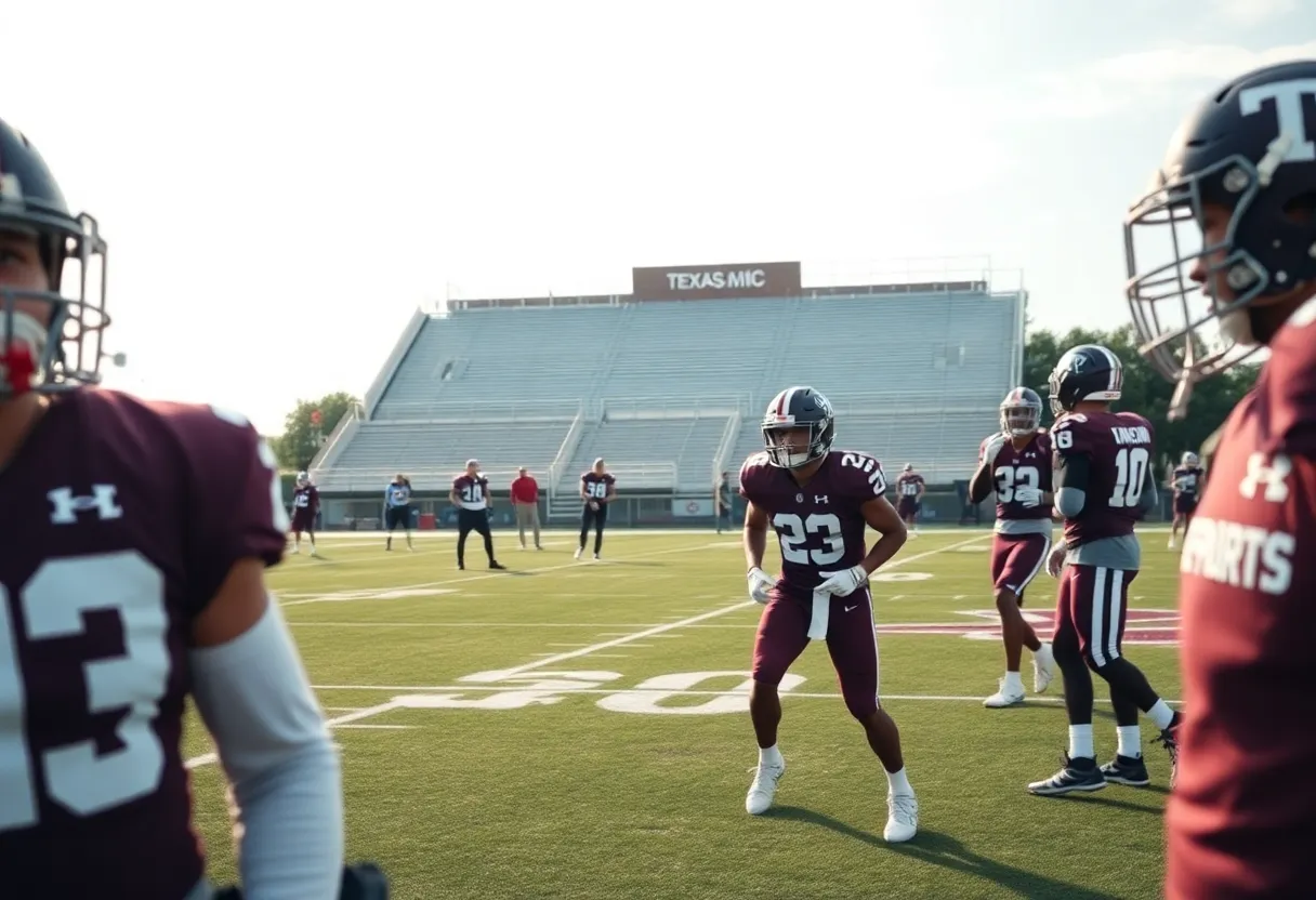 Texas A&M football players practicing on the field