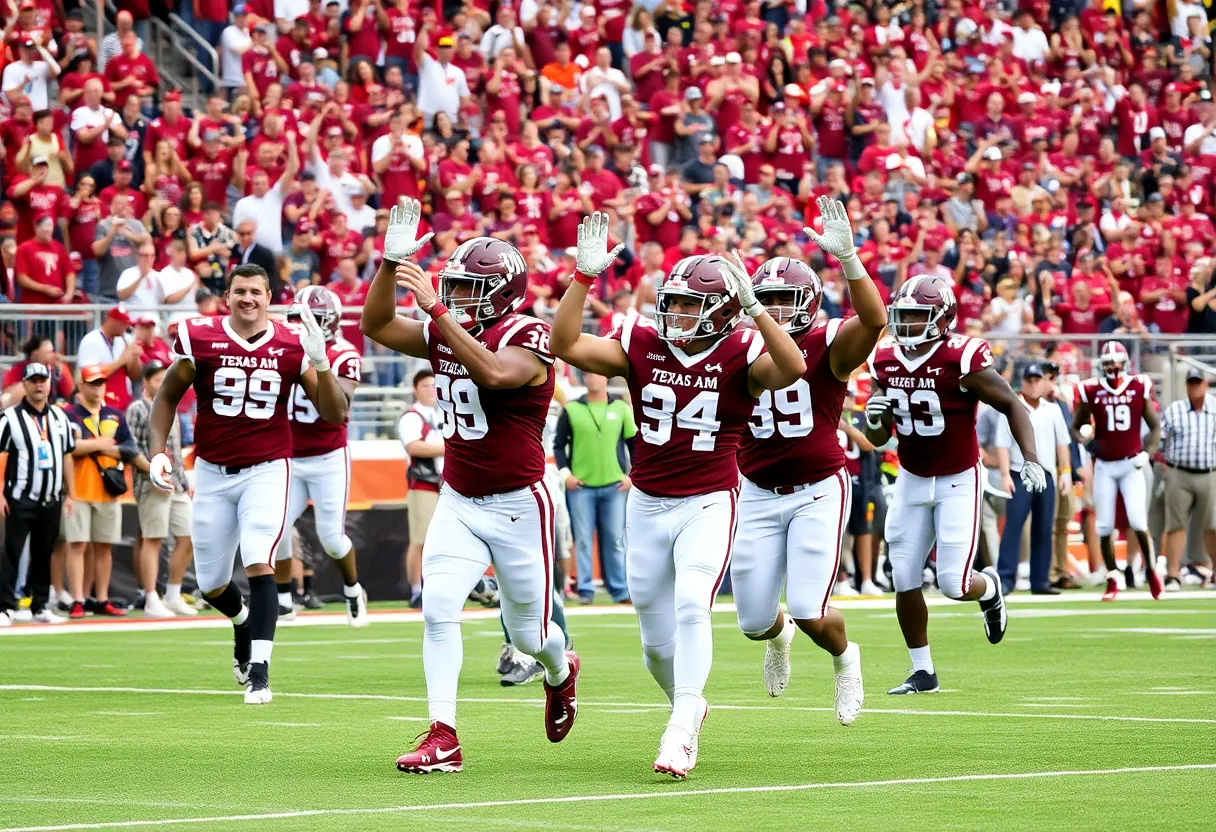 Texas A&M football team celebrating on the field.