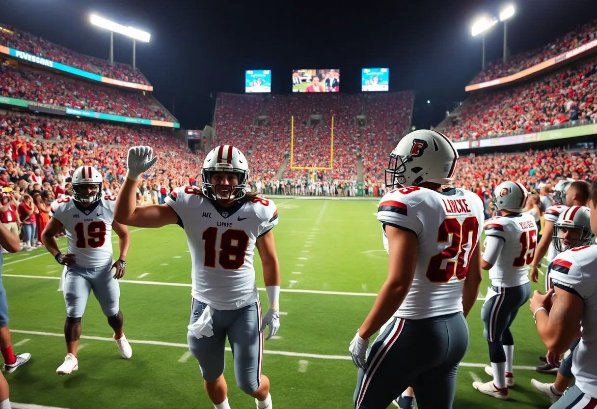 Texas A&M team in throwback uniforms celebrating a victory against Florida