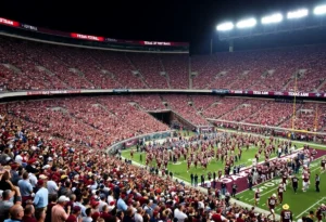 Texas A&M football team celebrating a victory in a packed stadium
