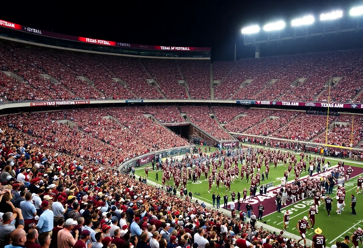 Texas A&M football team celebrating a victory in a packed stadium