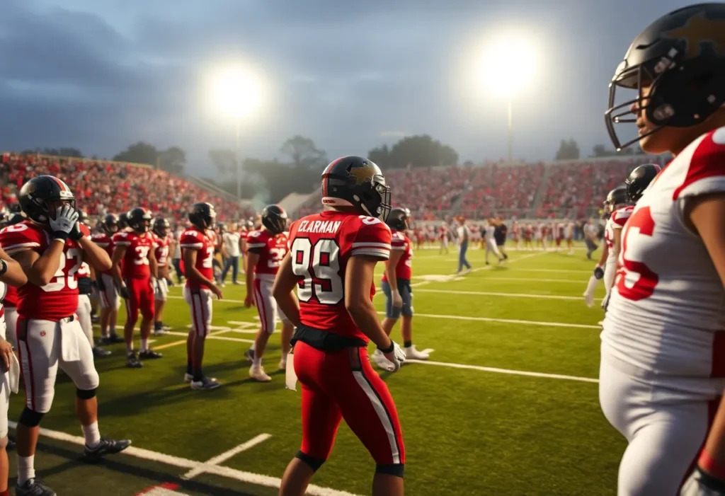 Players from Texas A&M football team during an intense moment in a game