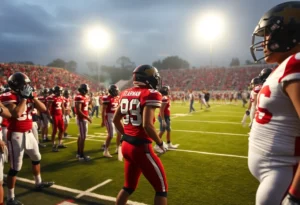 Players from Texas A&M football team during an intense moment in a game