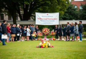 Students and faculty gather for the memorial service of Miss Reveille IX at Texas A&M University.