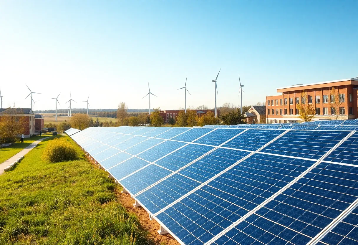 Texas A&M University renewable energy research facilities with solar panels and wind turbines.