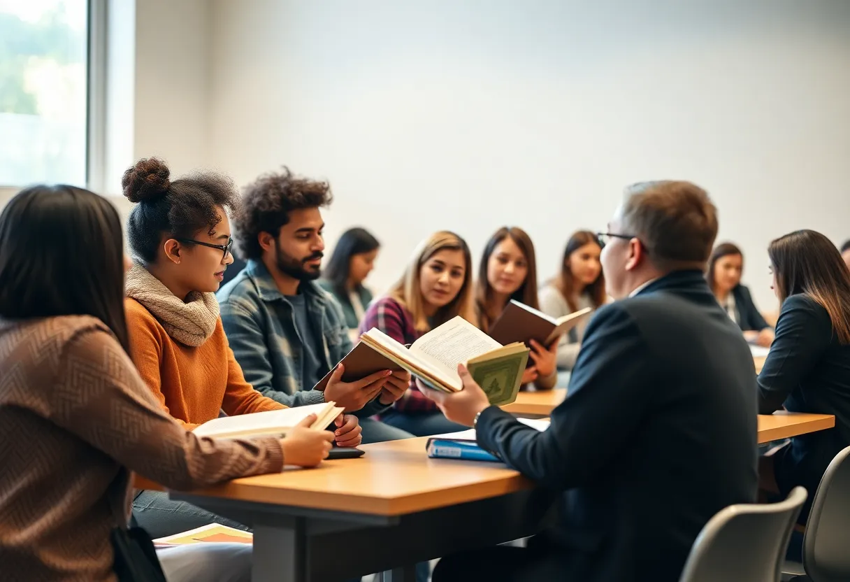 Students in a university classroom discussing literature