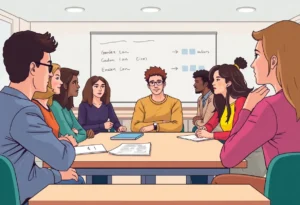Illustration of a diverse university classroom discussing gender identity and academic freedom.