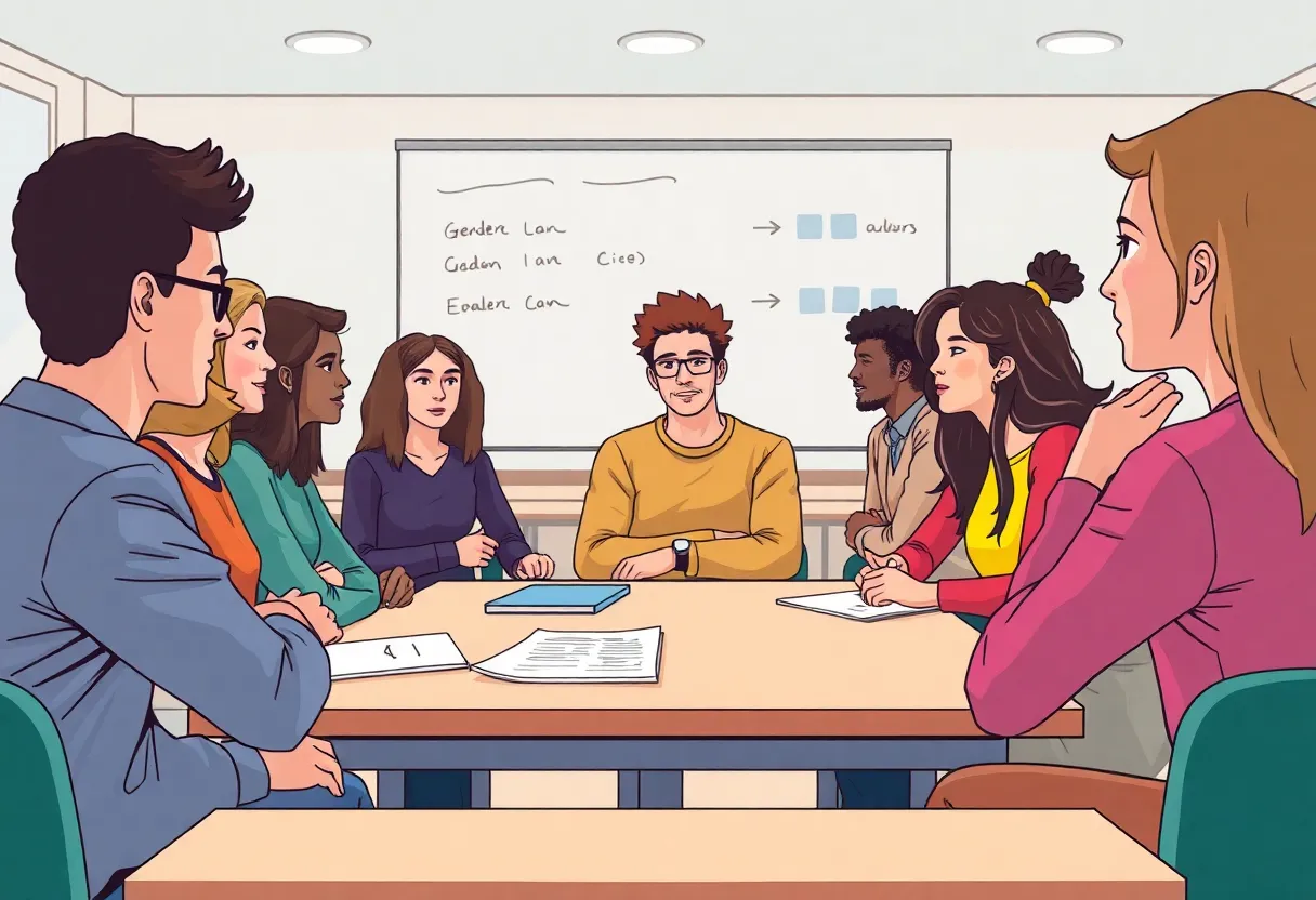 Illustration of a diverse university classroom discussing gender identity and academic freedom.