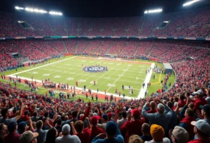 Aerial view of Kyle Field during a college football game.