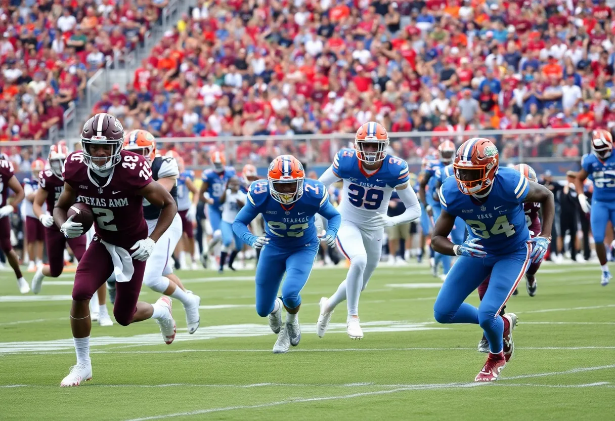 Texas A&M Aggies playing against the Florida Gators on the football field