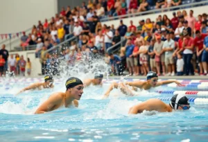 Texas A&M swimming athletes competing in a dual meet