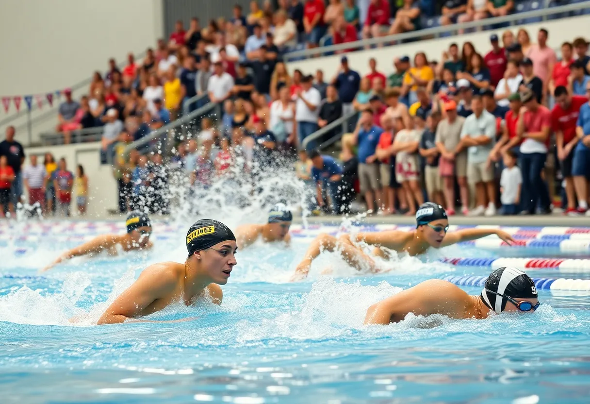 Texas A&M swimming athletes competing in a dual meet