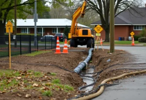 Construction workers repairing a waterline near a school.