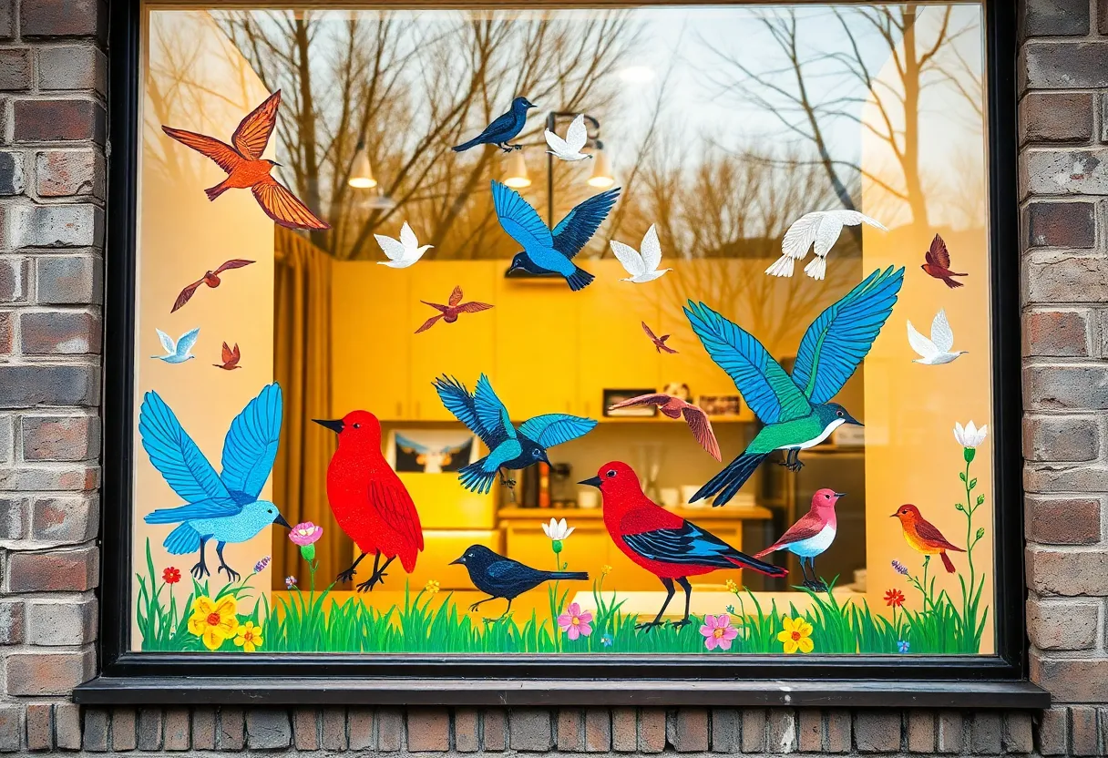 Colorful window painting depicting birds to raise awareness for conservation efforts